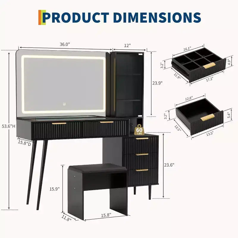 Schminktisch mit 5 Schubladen, 3 Regalen und Glasplatte, Schlafzimmer-Schminktisch-Set für Schlafzimmer und Wohnzimmer