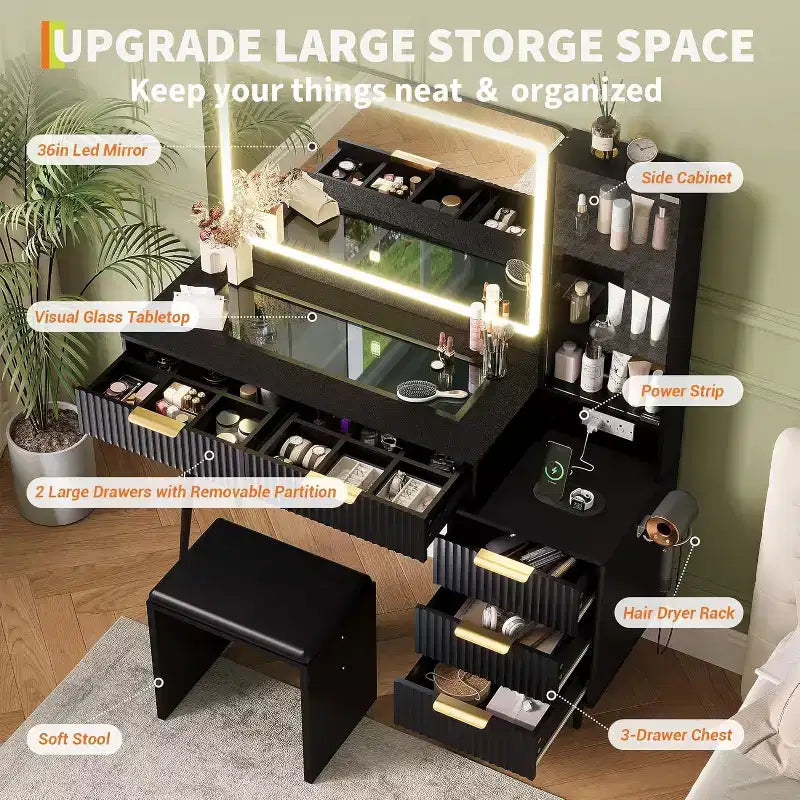 Schminktisch mit 5 Schubladen, 3 Regalen und Glasplatte, Schlafzimmer-Schminktisch-Set für Schlafzimmer und Wohnzimmer