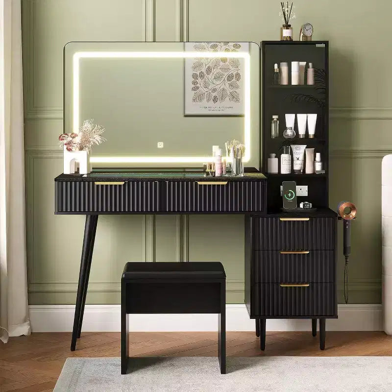 Coiffeuse avec 5 tiroirs, 3 étagères et plateau en verre, ensemble de coiffeuse pour chambre et salon