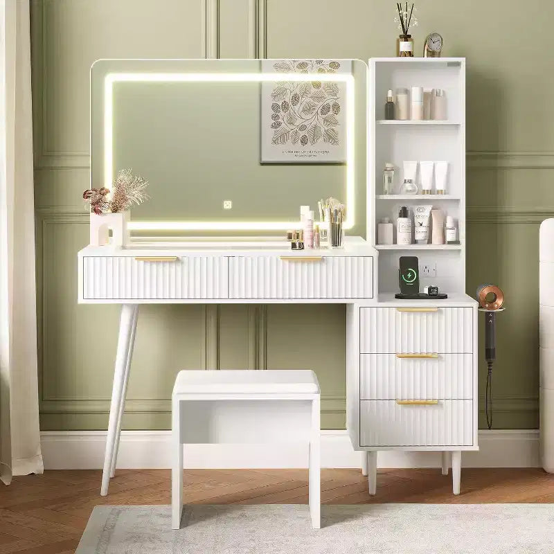 Coiffeuse avec 5 tiroirs, 3 étagères et plateau en verre, ensemble de coiffeuse pour chambre et salon