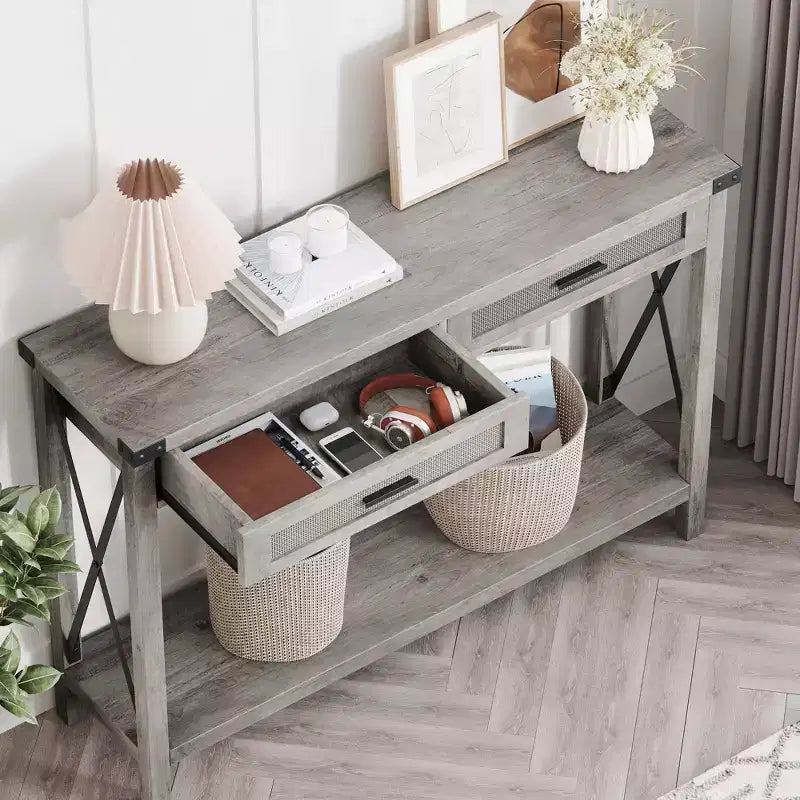 Table d’entrée de style campagnard, console grise avec tiroirs en rotin, table de canapé de 43 pouces avec rangement, consoles pour entrée, salon et couloir