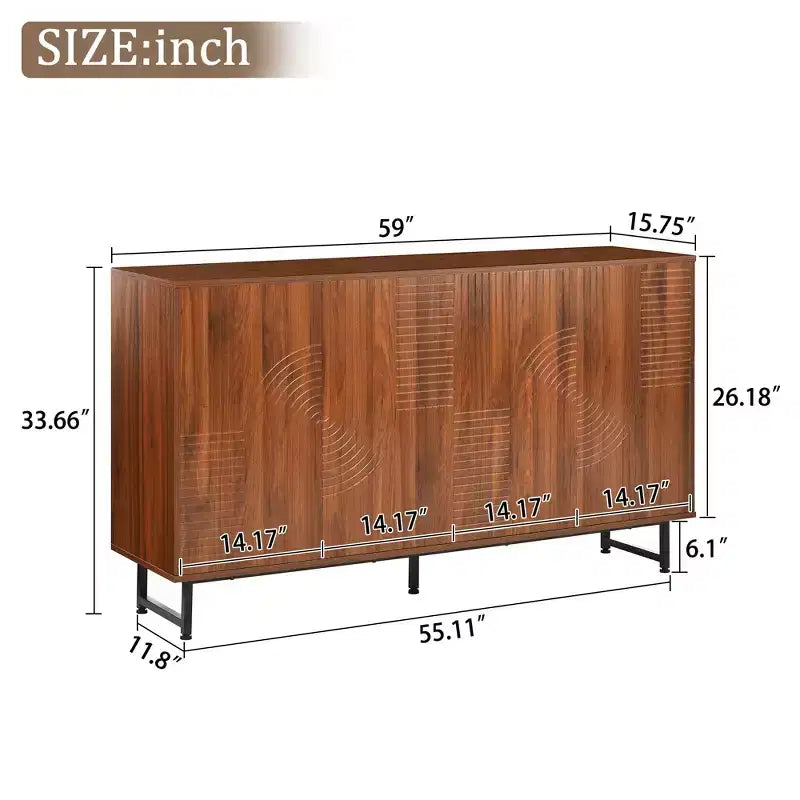 Hochwertiges Sideboard aus Walnussholz im Mid-Century-Stil mit geometrisch geschnitzten Türen