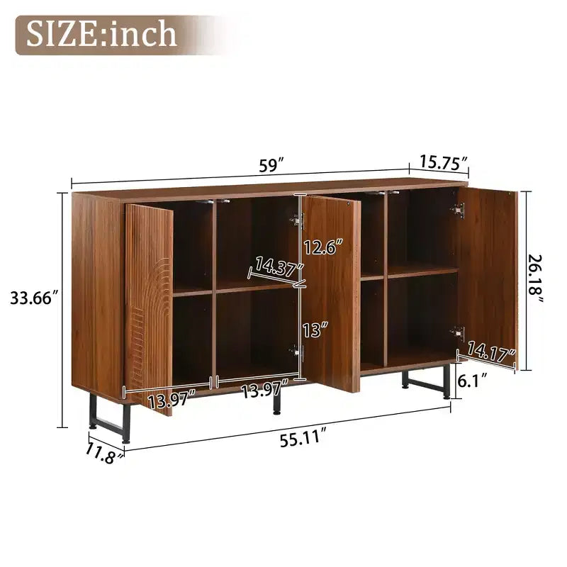 Hochwertiges Sideboard aus Walnussholz im Mid-Century-Stil mit geometrisch geschnitzten Türen