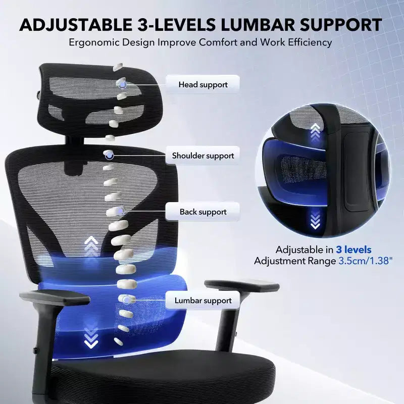 Chaise de bureau ergonomique - Chaise de bureau en maille pour la maison avec soutien lombaire, chaise d’ordinateur et de jeu à dossier haut avec appuie-tête, chaise de travail pivotante à roulettes