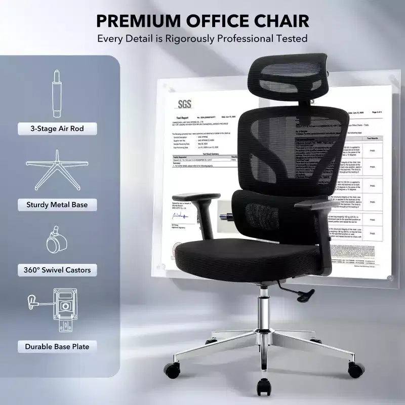 Chaise de bureau ergonomique - Chaise de bureau en maille pour la maison avec soutien lombaire, chaise d’ordinateur et de jeu à dossier haut avec appuie-tête, chaise de travail pivotante à roulettes