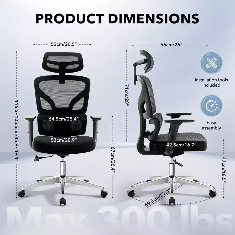 Chaise de bureau ergonomique - Chaise de bureau en maille pour la maison avec soutien lombaire, chaise d’ordinateur et de jeu à dossier haut avec appuie-tête, chaise de travail pivotante à roulettes