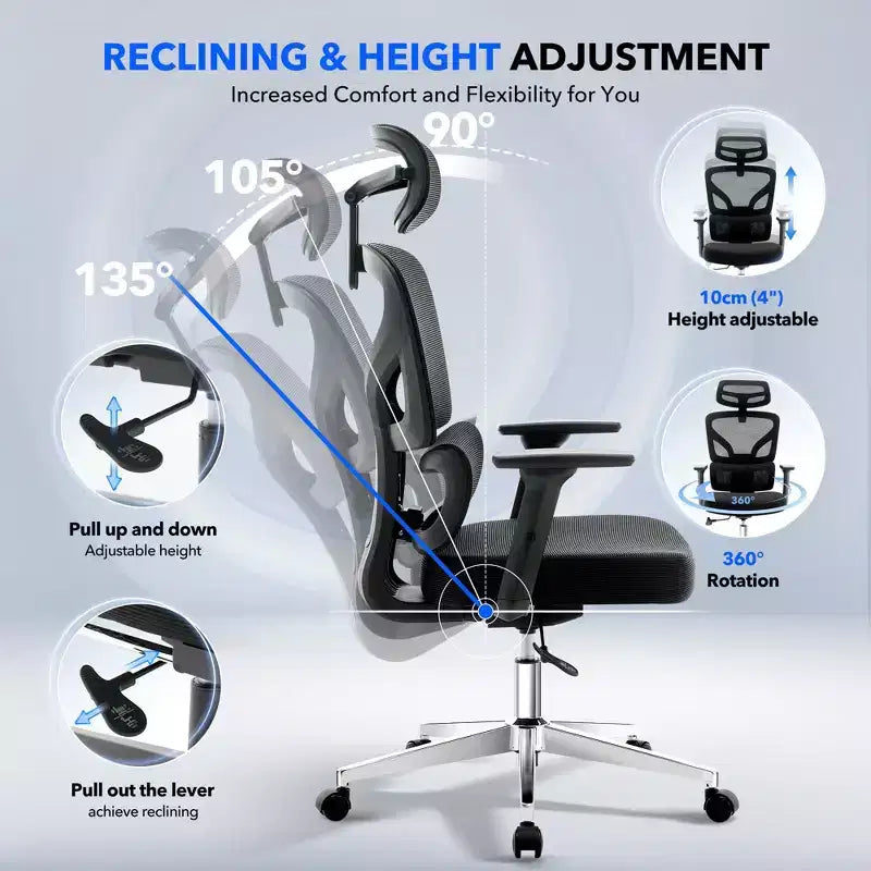 Chaise de bureau ergonomique - Chaise de bureau en maille pour la maison avec soutien lombaire, chaise d’ordinateur et de jeu à dossier haut avec appuie-tête, chaise de travail pivotante à roulettes
