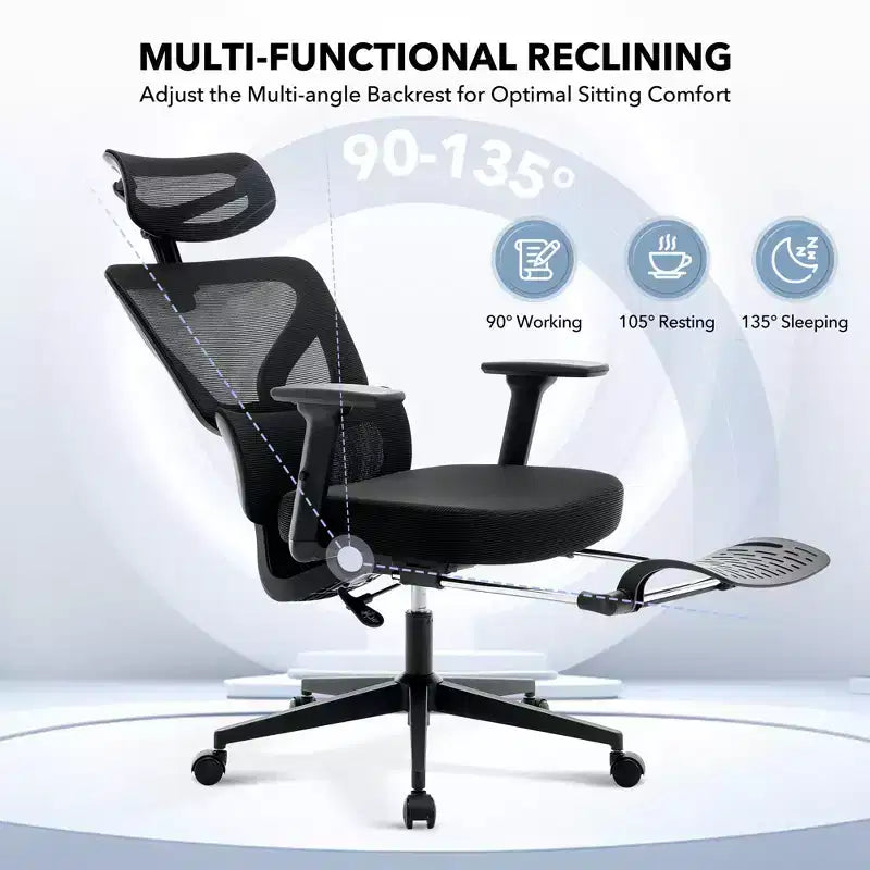 Chaise de bureau ergonomique - Chaise de bureau en maille pour la maison avec soutien lombaire, chaise d’ordinateur et de jeu à dossier haut avec appuie-tête, chaise de travail pivotante à roulettes