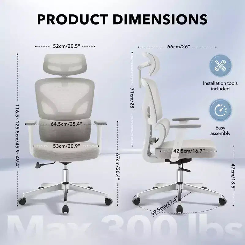 Chaise de bureau ergonomique - Chaise de bureau en maille pour la maison avec soutien lombaire, chaise d’ordinateur et de jeu à dossier haut avec appuie-tête, chaise de travail pivotante à roulettes