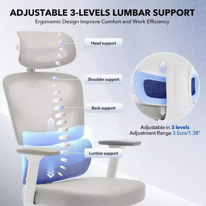 Chaise de bureau ergonomique - Chaise de bureau en maille pour la maison avec soutien lombaire, chaise d’ordinateur et de jeu à dossier haut avec appuie-tête, chaise de travail pivotante à roulettes