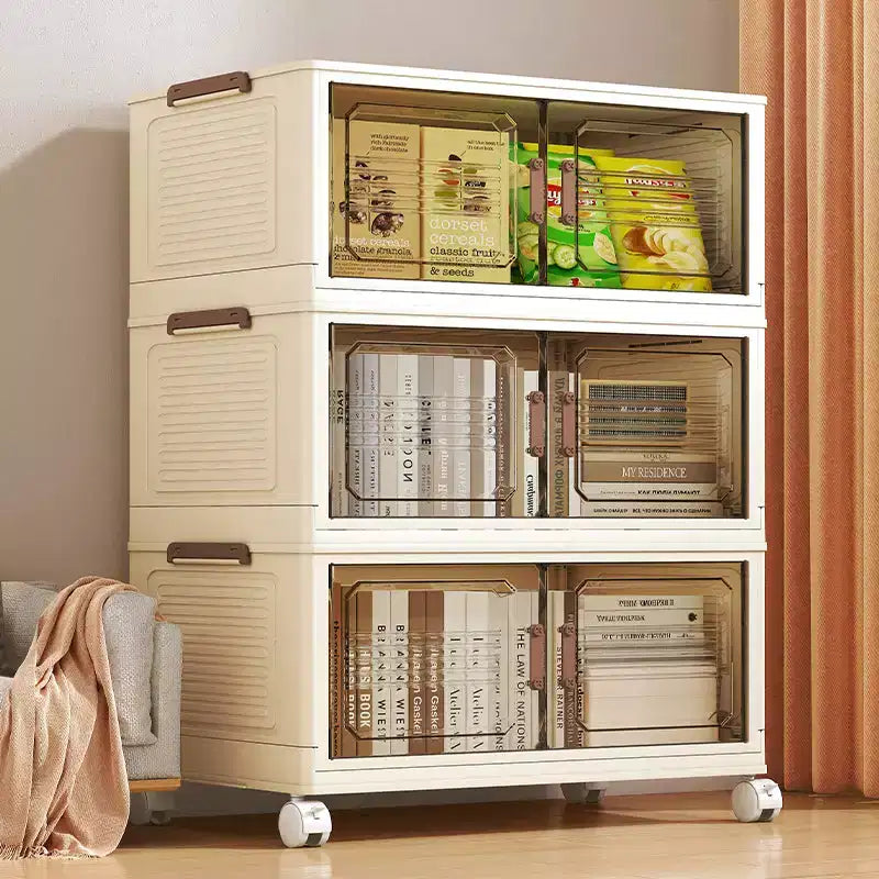 Cajas de almacenamiento apilables y plegables, armario de almacenamiento plegable con puertas, tapa y ruedas, organizador de clóset para apartamento, hogar, residencia estudiantil u oficina