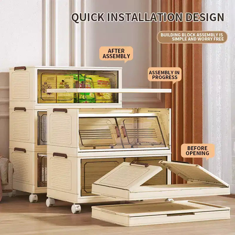 Cajas de almacenamiento apilables y plegables, armario de almacenamiento plegable con puertas, tapa y ruedas, organizador de clóset para apartamento, hogar, residencia estudiantil u oficina