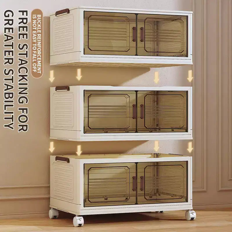 Cajas de almacenamiento apilables y plegables, armario de almacenamiento plegable con puertas, tapa y ruedas, organizador de clóset para apartamento, hogar, residencia estudiantil u oficina