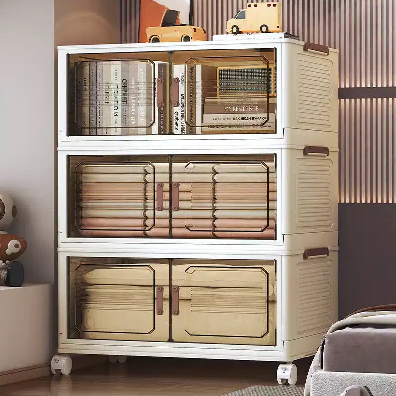 Cajas de almacenamiento apilables y plegables, armario de almacenamiento plegable con puertas, tapa y ruedas, organizador de clóset para apartamento, hogar, residencia estudiantil u oficina