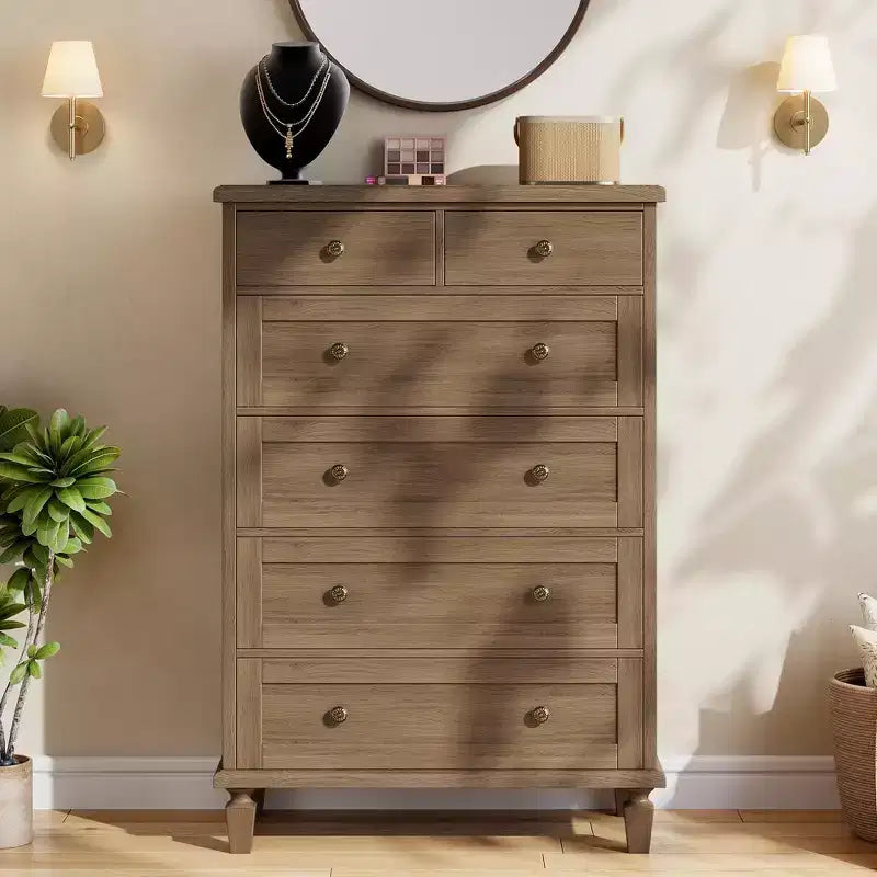 47 Zoll hohe Kommode mit 6 Schubladen - Vintage-Holzkommode, geschnitzte Griffe und konische Beine - viel Stauraum für Schlafzimmer, Wohnzimmer und Eingangsbereich - moderne Möbel