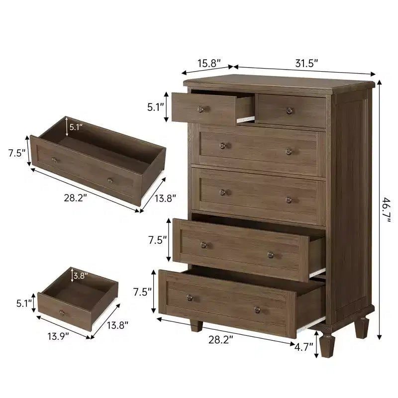 47 Zoll hohe Kommode mit 6 Schubladen - Vintage-Holzkommode, geschnitzte Griffe und konische Beine - viel Stauraum für Schlafzimmer, Wohnzimmer und Eingangsbereich - moderne Möbel
