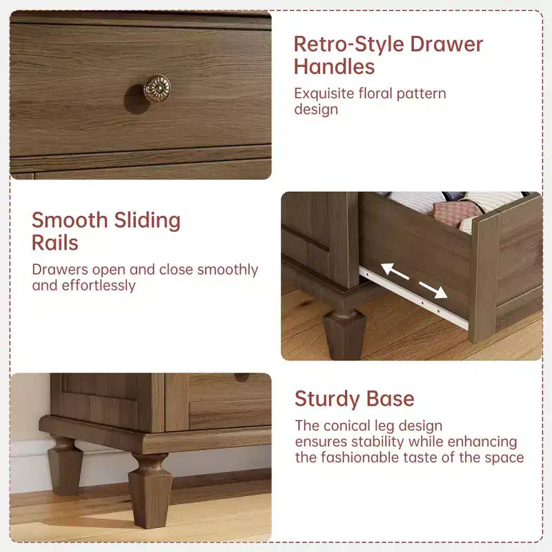 Commode haute de 47 avec 6 tiroirs - Coffre en bois vintage, poignées sculptées et pieds fuselés - Grand espace de rangement pour chambre, salon ou entrée - Meuble moderne