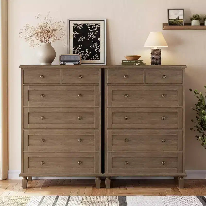 Commode haute de 47 avec 6 tiroirs - Coffre en bois vintage, poignées sculptées et pieds fuselés - Grand espace de rangement pour chambre, salon ou entrée - Meuble moderne