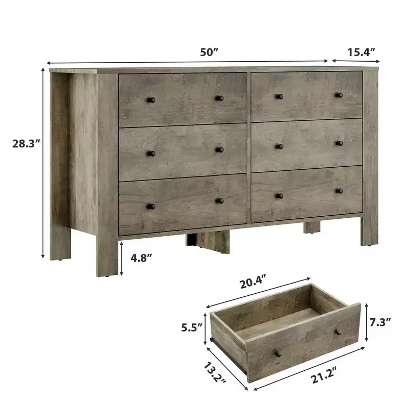 Breite Kommode mit 6 Schubladen fürs Schlafzimmer, moderne Holzkommode mit tiefen Schubladen, Metallknöpfen, ideal für Kinderzimmer, Eingangsbereich und Flur