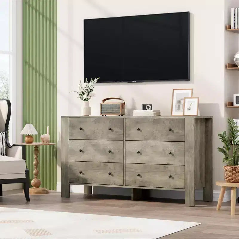 Breite Kommode mit 6 Schubladen fürs Schlafzimmer, moderne Holzkommode mit tiefen Schubladen, Metallknöpfen, ideal für Kinderzimmer, Eingangsbereich und Flur
