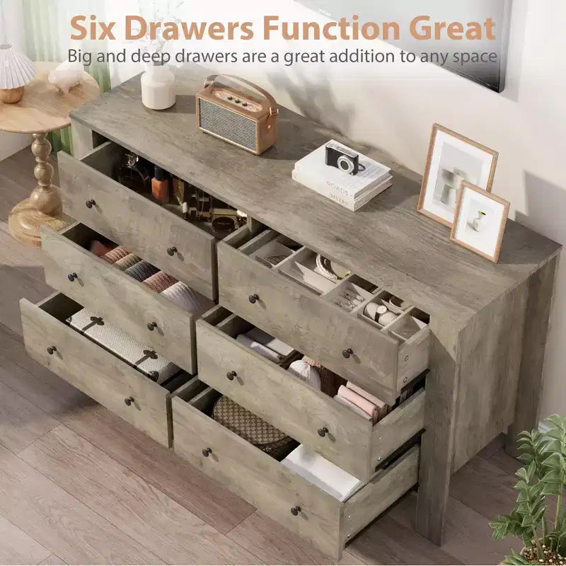 Breite Kommode mit 6 Schubladen fürs Schlafzimmer, moderne Holzkommode mit tiefen Schubladen, Metallknöpfen, ideal für Kinderzimmer, Eingangsbereich und Flur