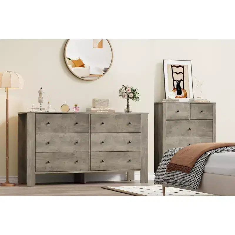 Breite Kommode mit 6 Schubladen fürs Schlafzimmer, moderne Holzkommode mit tiefen Schubladen, Metallknöpfen, ideal für Kinderzimmer, Eingangsbereich und Flur