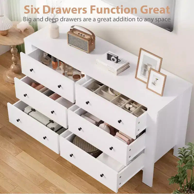Breite Kommode mit 6 Schubladen fürs Schlafzimmer, moderne Holzkommode mit tiefen Schubladen, Metallknöpfen, ideal für Kinderzimmer, Eingangsbereich und Flur