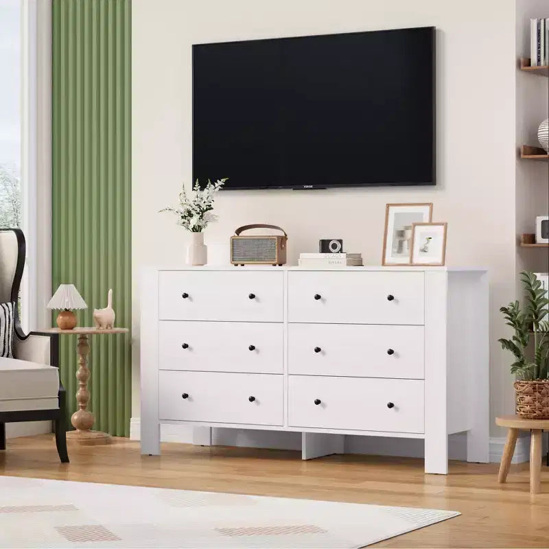 Breite Kommode mit 6 Schubladen fürs Schlafzimmer, moderne Holzkommode mit tiefen Schubladen, Metallknöpfen, ideal für Kinderzimmer, Eingangsbereich und Flur