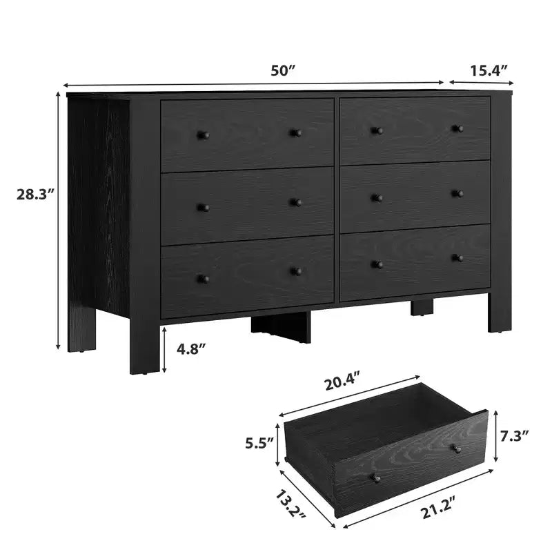 Breite Kommode mit 6 Schubladen fürs Schlafzimmer, moderne Holzkommode mit tiefen Schubladen, Metallknöpfen, ideal für Kinderzimmer, Eingangsbereich und Flur