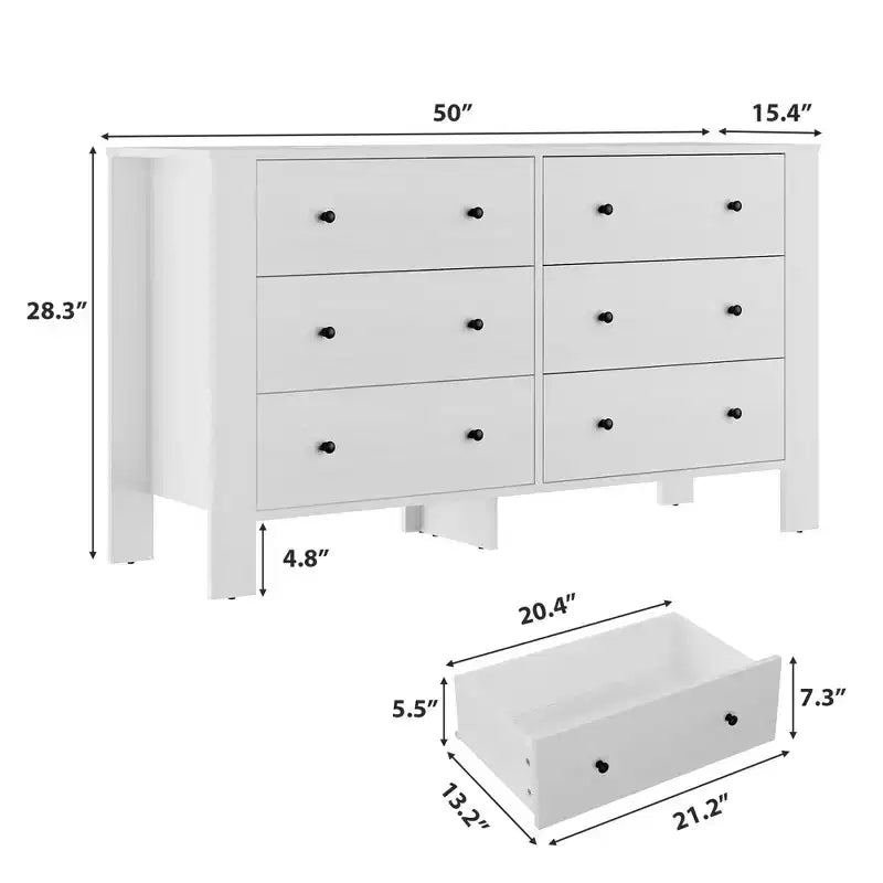Breite Kommode mit 6 Schubladen fürs Schlafzimmer, moderne Holzkommode mit tiefen Schubladen, Metallknöpfen, ideal für Kinderzimmer, Eingangsbereich und Flur