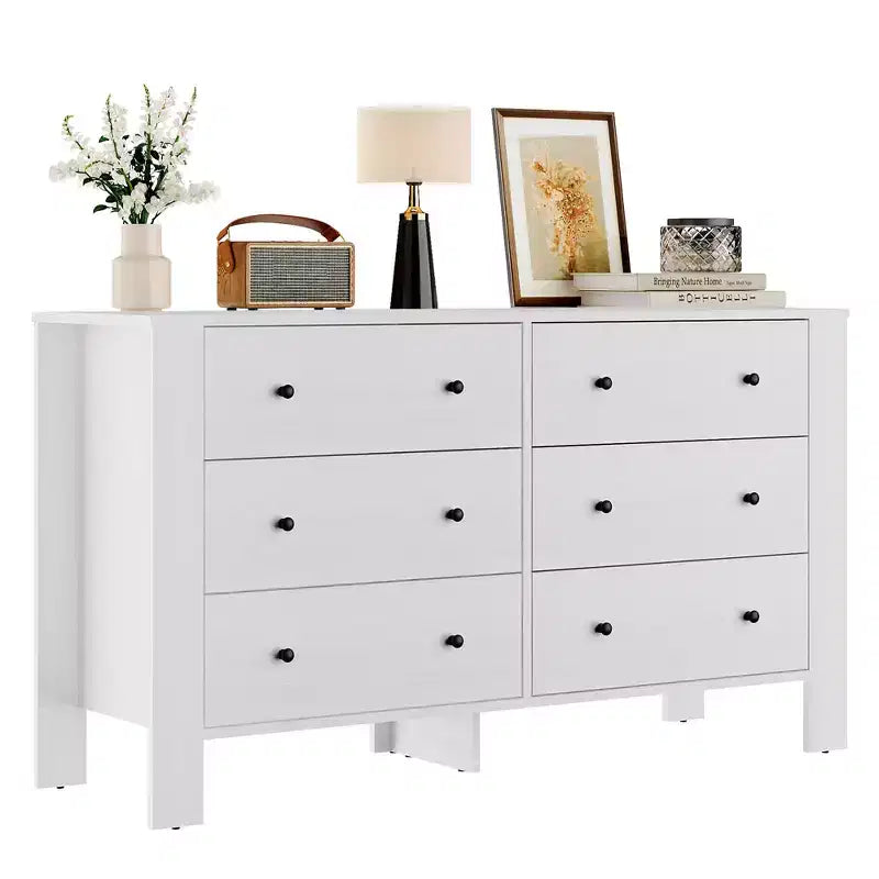 Breite Kommode mit 6 Schubladen fürs Schlafzimmer, moderne Holzkommode mit tiefen Schubladen, Metallknöpfen, ideal für Kinderzimmer, Eingangsbereich und Flur
