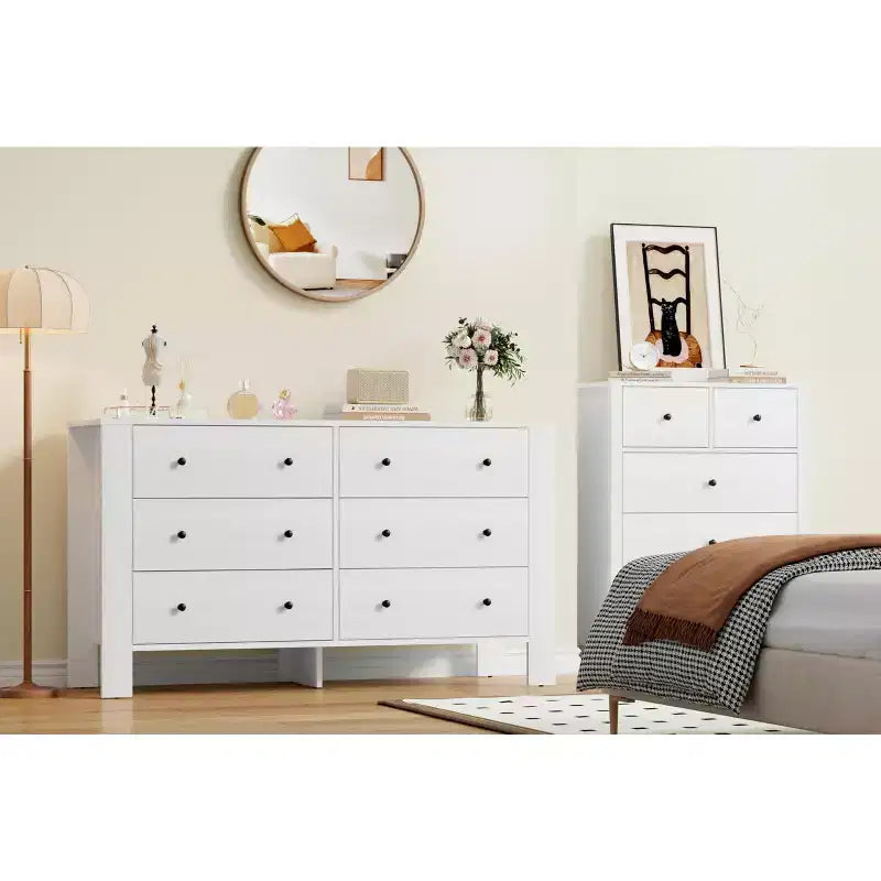 Breite Kommode mit 6 Schubladen fürs Schlafzimmer, moderne Holzkommode mit tiefen Schubladen, Metallknöpfen, ideal für Kinderzimmer, Eingangsbereich und Flur