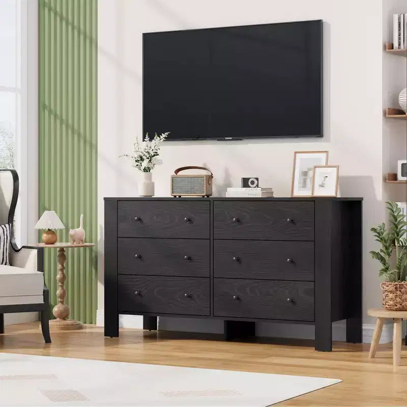 Breite Kommode mit 6 Schubladen fürs Schlafzimmer, moderne Holzkommode mit tiefen Schubladen, Metallknöpfen, ideal für Kinderzimmer, Eingangsbereich und Flur