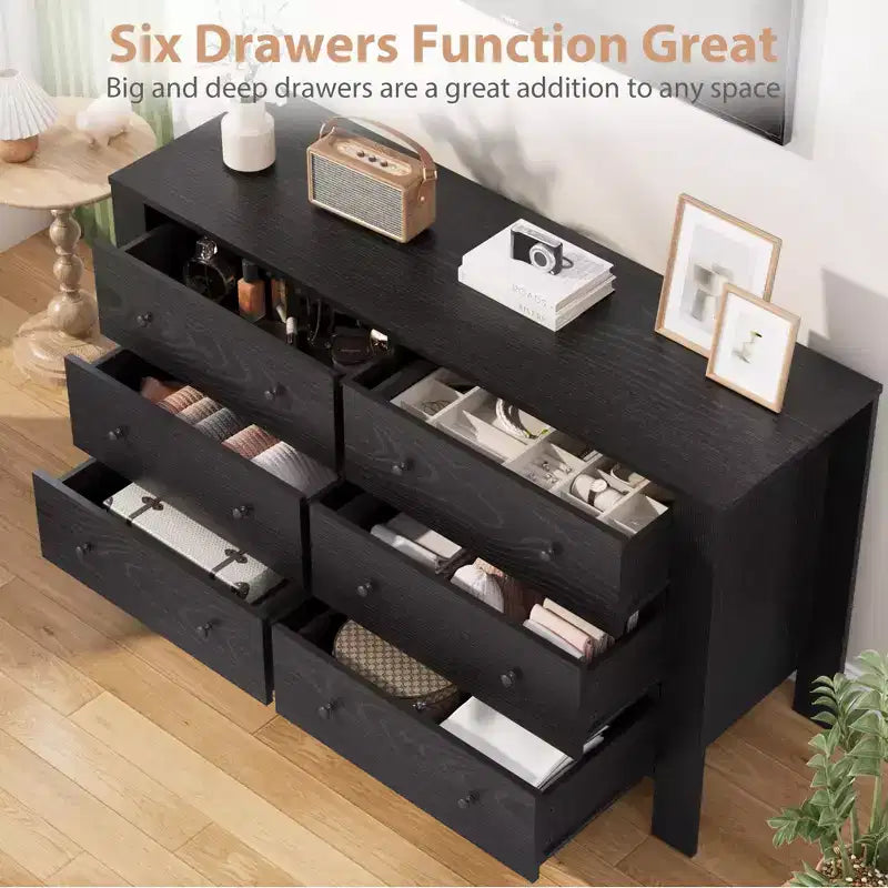 Breite Kommode mit 6 Schubladen fürs Schlafzimmer, moderne Holzkommode mit tiefen Schubladen, Metallknöpfen, ideal für Kinderzimmer, Eingangsbereich und Flur