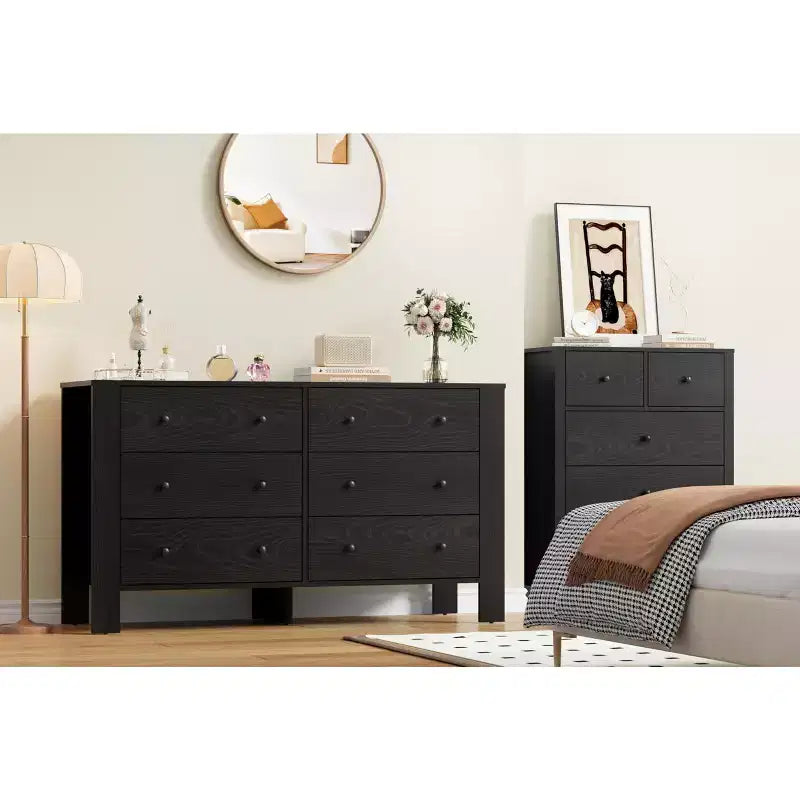 Breite Kommode mit 6 Schubladen fürs Schlafzimmer, moderne Holzkommode mit tiefen Schubladen, Metallknöpfen, ideal für Kinderzimmer, Eingangsbereich und Flur