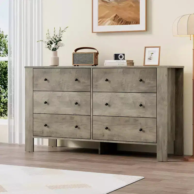 Breite Kommode mit 6 Schubladen fürs Schlafzimmer, moderne Holzkommode mit tiefen Schubladen, Metallknöpfen, ideal für Kinderzimmer, Eingangsbereich und Flur