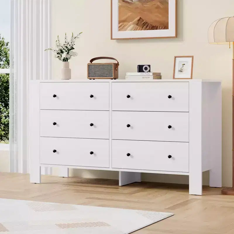Breite Kommode mit 6 Schubladen fürs Schlafzimmer, moderne Holzkommode mit tiefen Schubladen, Metallknöpfen, ideal für Kinderzimmer, Eingangsbereich und Flur