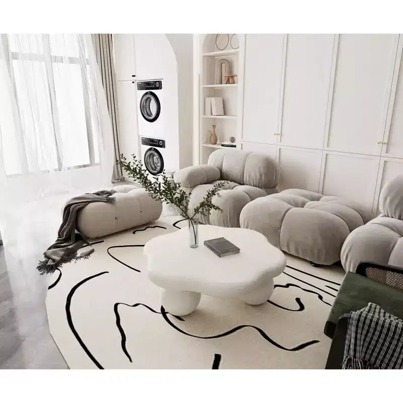 Mesa de centro moderna y minimalista de 35 pulgadas con forma de pétalo y patas esféricas; ideal para ahorrar espacio en salas de estar de apartamentos pequeños, blanco crema