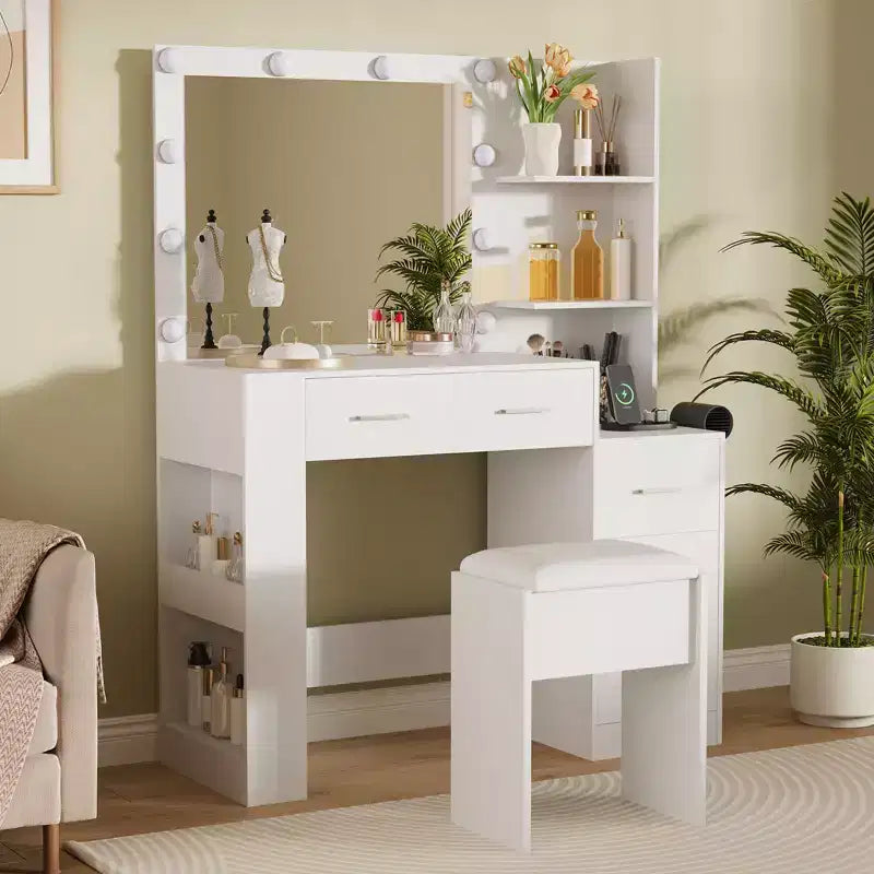 Schminktisch mit Spiegel und Hocker, weißer Frisiertisch mit 5 Schubladen, Schlafzimmer-Set