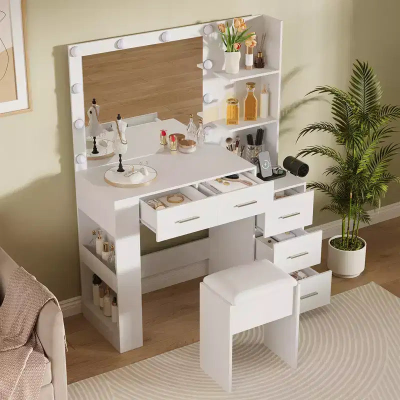 Schminktisch mit Spiegel und Hocker, weißer Frisiertisch mit 5 Schubladen, Schlafzimmer-Set