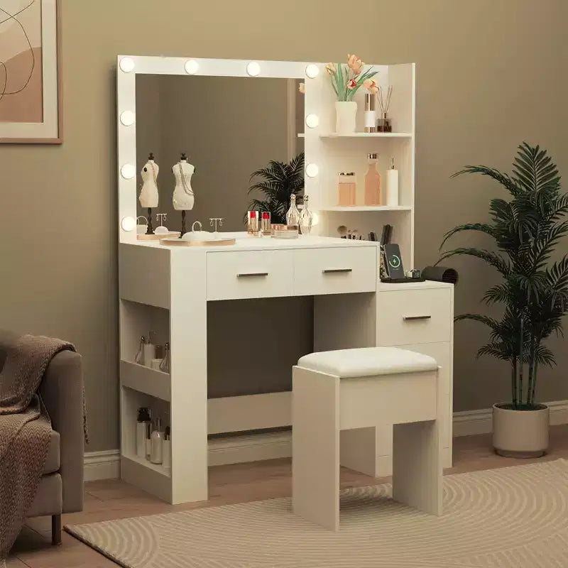 Schminktisch mit Spiegel und Hocker, weißer Frisiertisch mit 5 Schubladen, Schlafzimmer-Set
