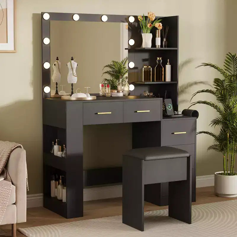 Schminktisch mit Spiegel und Hocker, weißer Frisiertisch mit 5 Schubladen, Schlafzimmer-Set