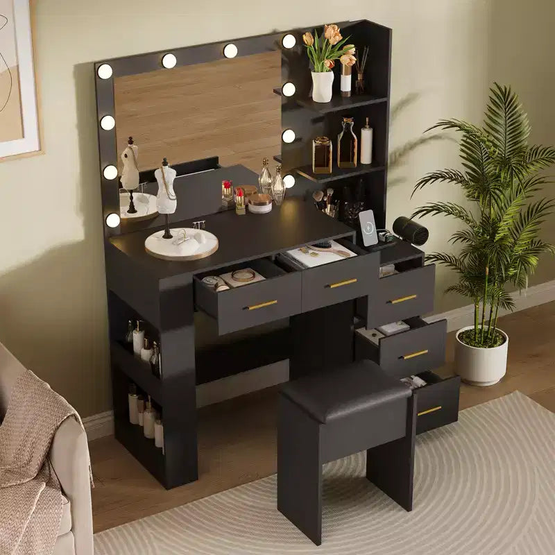 Coiffeuse avec miroir et tabouret, coiffeuse blanche avec 5 tiroirs, ensemble de toilette pour chambre