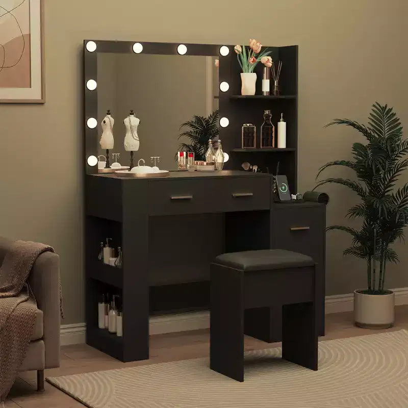 Schminktisch mit Spiegel und Hocker, weißer Frisiertisch mit 5 Schubladen, Schlafzimmer-Set