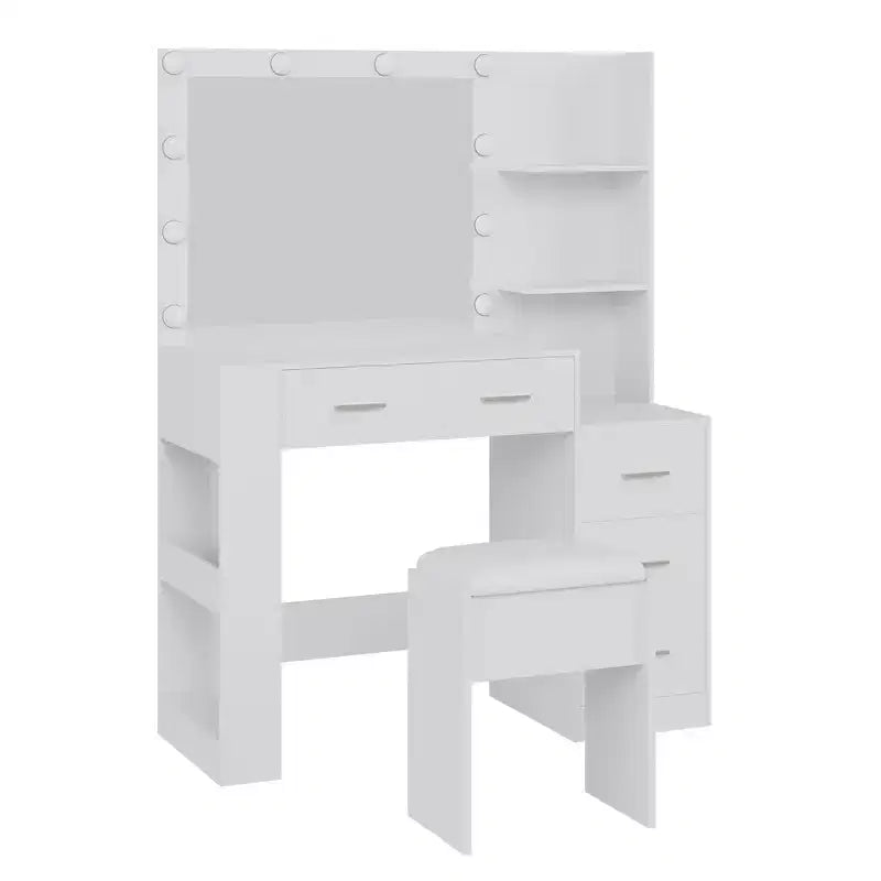 Coiffeuse avec miroir et tabouret, coiffeuse blanche avec 5 tiroirs, ensemble de toilette pour chambre