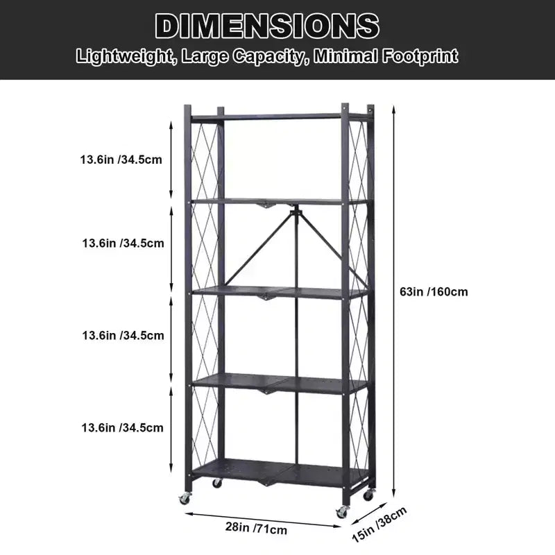 Estantería plegable de almacenamiento de 5 niveles con ruedas, estantería metálica móvil resistente para cocina, garaje y despensa, no requiere montaje
