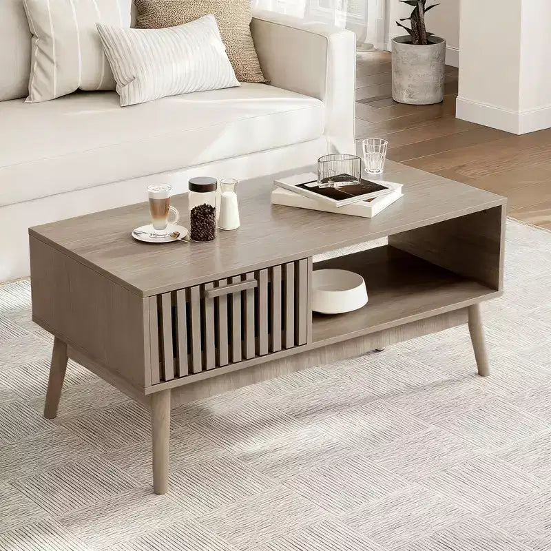 Table basse de style campagnard avec rangement, table d’appoint rustique cannelée de 39.4 avec tiroir et étagère ouverte pour le salon