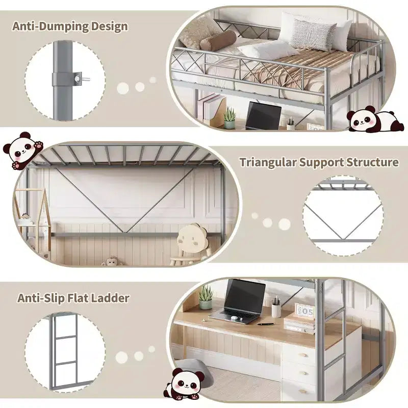 Lit superposé à deux lits jumeaux, garde-corps enveloppant, cadre entièrement en métal très robuste, conception gain de place avec espace sous le lit, montage en 30 minutes, sans sommier requis