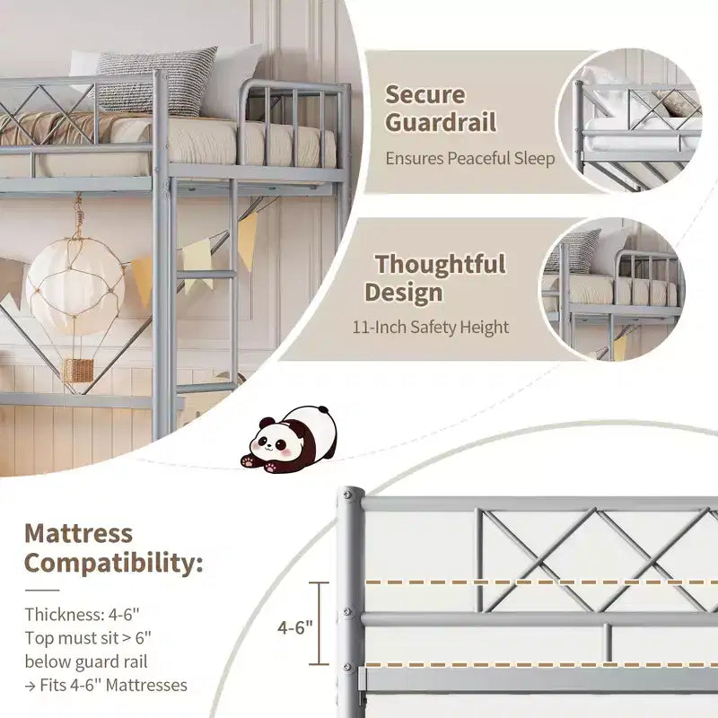 Lit superposé à deux lits jumeaux, garde-corps enveloppant, cadre entièrement en métal très robuste, conception gain de place avec espace sous le lit, montage en 30 minutes, sans sommier requis