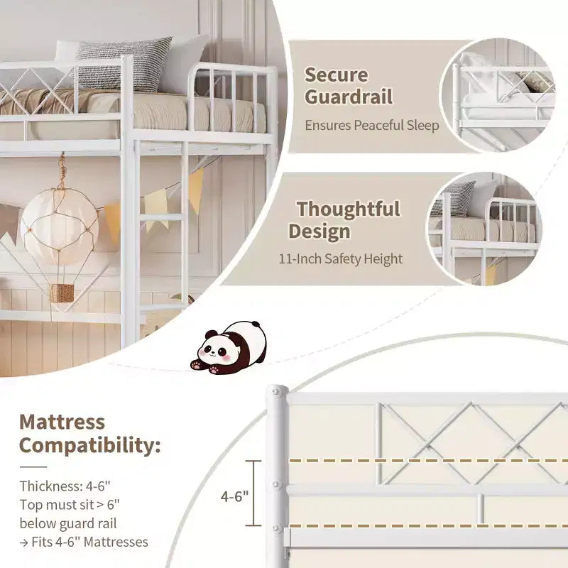 Lit superposé à deux lits jumeaux, garde-corps enveloppant, cadre entièrement en métal très robuste, conception gain de place avec espace sous le lit, montage en 30 minutes, sans sommier requis